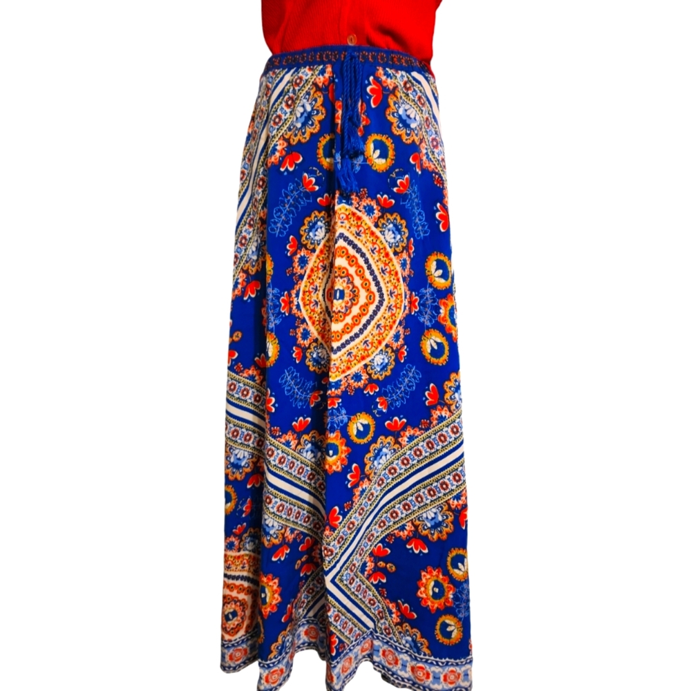 Flying Tomato Blue Hippie Boho Drawstring Casual Maxi Skirt - Size Small